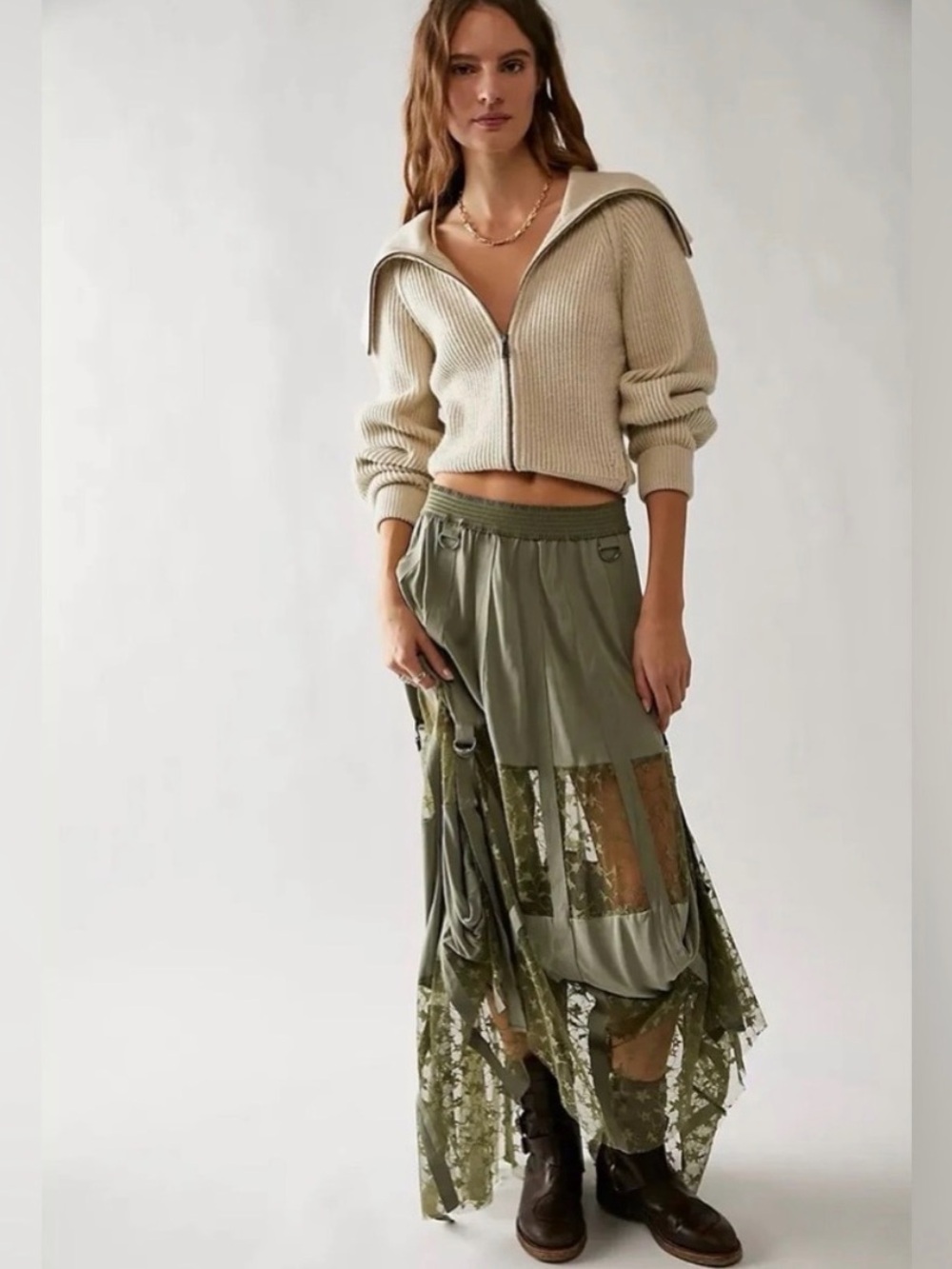 NWT Free People Olive Green Sheer Lace Layered “She is Love” skirt